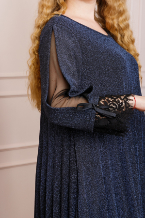 Rochie Amelie plisata bleumarin cu insertie de dantela [1]