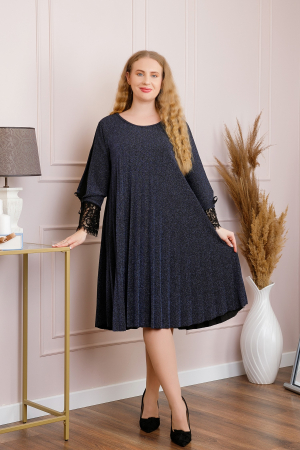 Rochie Amelie plisata bleumarin cu insertie de dantela [3]