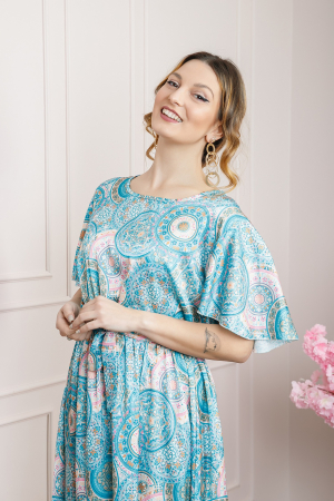 Rochie bleu cu imprimeuri mandala si volanas la maneci [2]