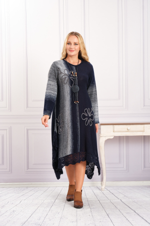 Rochie bleumarin boho chic tricotata cu baza asimetrica si model floral [3]