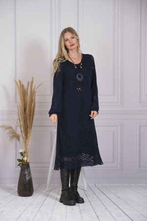 Rochie bleumarin boho chic tricotata cu detaliu perforat [3]