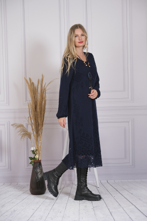 Rochie bleumarin boho chic tricotata cu detaliu perforat [1]