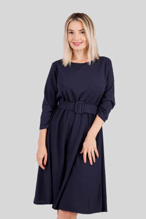 Rochie bleumarin cu maneci trei sferturi si centura in talie [1]
