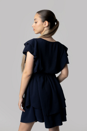 Rochie bleumarin cu volane si centura in talie [2]