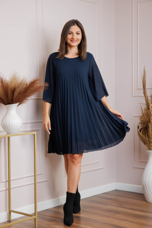 Rochie bleumarin din voal plisat cu maneci 3/4 Tina [3]