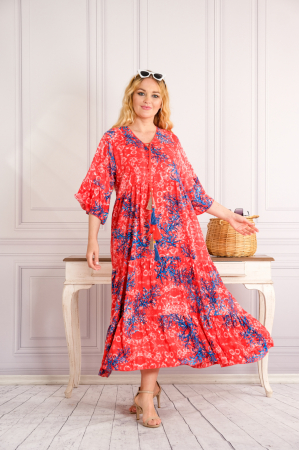Rochie corai lunga boho chic cu imprimeuri florale albastre [3]