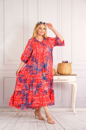 Rochie corai lunga boho chic cu imprimeuri florale albastre [1]