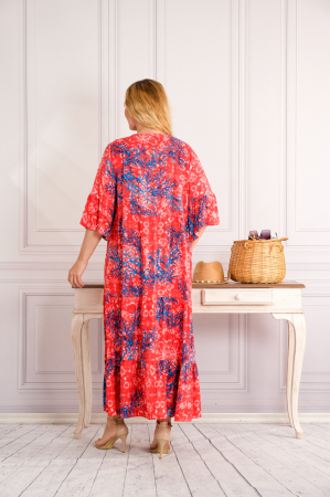 Rochie corai lunga boho chic cu imprimeuri florale albastre [2]