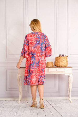 Rochie corai midi boho chic cu imprimeuri florale albastre [2]