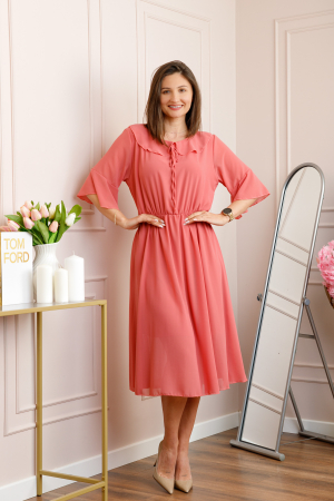 Rochii - Rochie corai vaporoasa cu elastic in talie si volanas la decolteu Allegra
