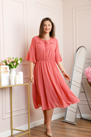 Rochie corai vaporoasa cu elastic in talie si volanas la decolteu Allegra [2]