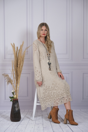 Rochie crem boho chic tricotata cu detaliu perforat [4]