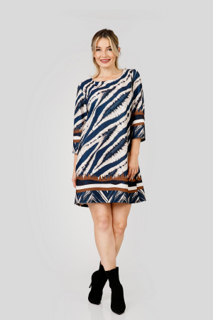 Rochie crem cu imprimeuri albastre si maneci trei sferturi [3]