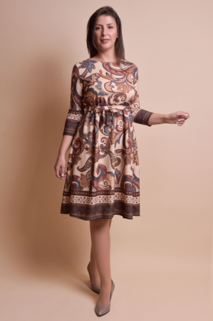 Rochie office crem cu imprimeuri florale maro si cordon in talie [5]