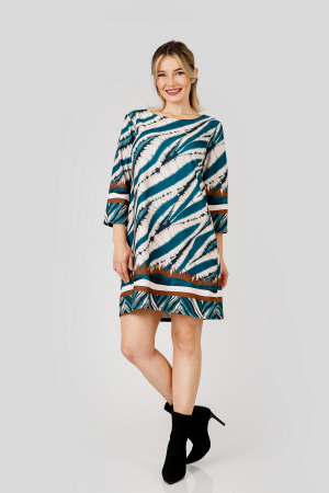 Rochie crem cu imprimeuri turcoaz si maneci trei sferturi [3]