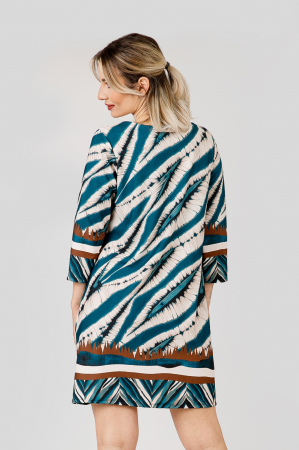 Rochie crem cu imprimeuri turcoaz si maneci trei sferturi [2]