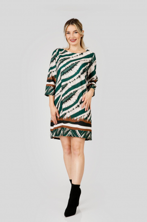 Rochie crem cu imprimeuri verde smarald si maneci trei sferturi [3]