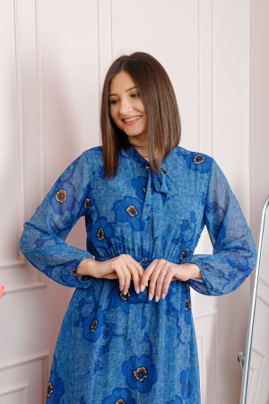 Rochie dama albastra Alessandra din voal cu imprimeu floral si cordon in talie [1]