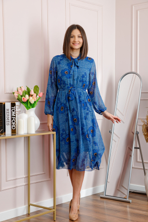 Rochie dama albastra Alessandra din voal cu imprimeu floral si cordon in talie [2]