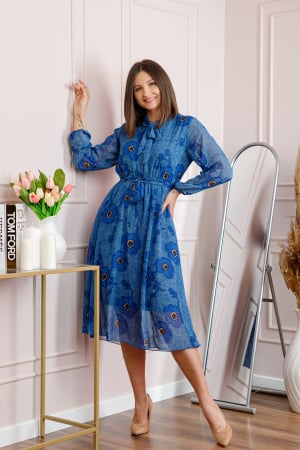 Rochii - Rochie dama albastra Alessandra din voal cu imprimeu floral si cordon in talie