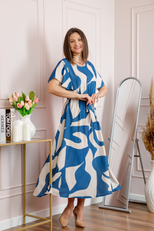 Rochie dama albastra Artemis cu imprimeu abstract si cordon in talie [3]