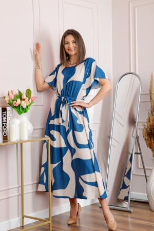 Rochii - Rochie dama albastra Artemis cu imprimeu abstract si cordon in talie