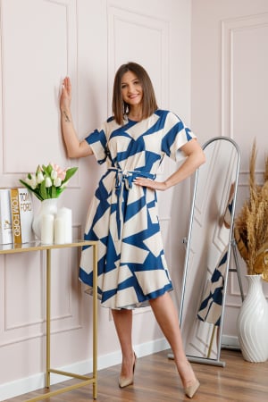 Rochii - Rochie dama albastra Avery cu imprimeu abstract si cordon in talie