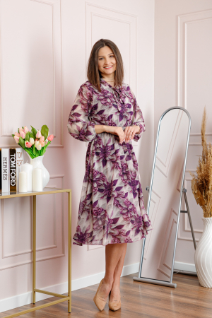 Rochie dama bej Alessandra din voal cu imprimeu floral si cordon in talie [3]