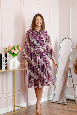 Rochie dama bej Alessandra din voal cu imprimeu floral si cordon in talie [2]