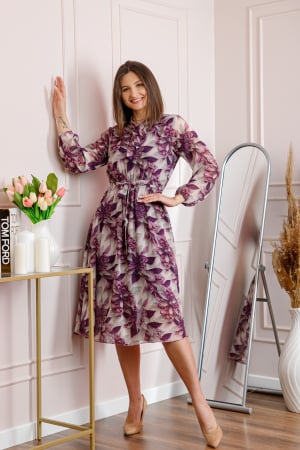 Rochii - Rochie dama bej Alessandra din voal cu imprimeu floral si cordon in talie