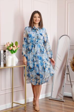 Rochie dama bleu Alessandra din voal cu imprimeu floral si cordon in talie [2]