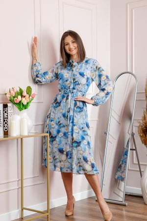 Rochii - Rochie dama bleu Alessandra din voal cu imprimeu floral si cordon in talie