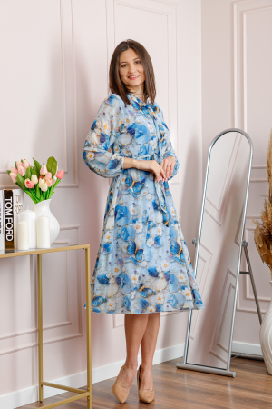 Rochie dama bleu Alessandra din voal cu imprimeu floral si cordon in talie [3]