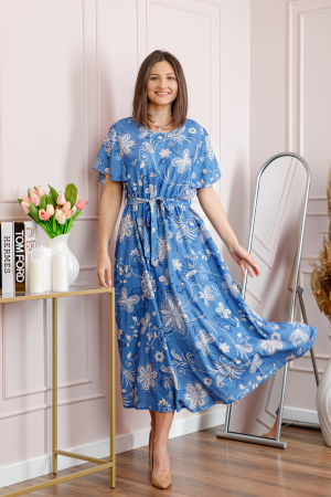 Rochie dama bleu Artemis cu imprimeu floral si cordon in talie [2]