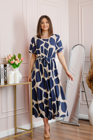Rochie dama bleumarin Artemis cu imprimeu abstract si cordon in talie [3]