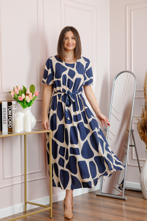 Rochie dama bleumarin Artemis cu imprimeu abstract si cordon in talie [2]