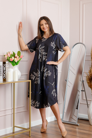 Rochie dama bleumarin plus size cu imprimeu floral si croi lejer Jany [2]