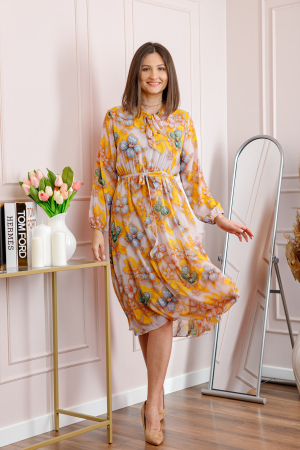 Rochie dama galbena Alessandra din voal cu imprimeu floral si cordon in talie [2]