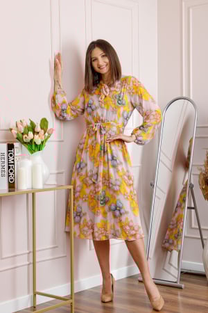 Rochii - Rochie dama galbena Alessandra din voal cu imprimeu floral si cordon in talie