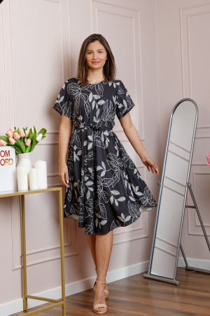 Rochie dama gri antracit Avery cu imprimeu floral si cordon in talie [3]