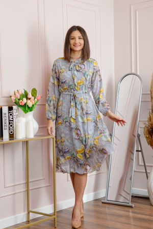 Rochie dama gri deschis Alessandra din voal cu imprimeu floral si cordon in talie [2]