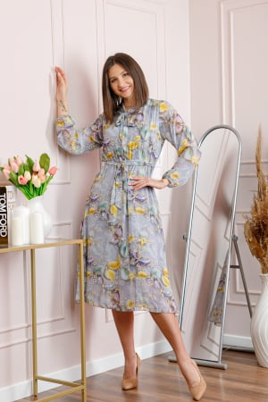 Rochii - Rochie dama gri deschis Alessandra din voal cu imprimeu floral si cordon in talie