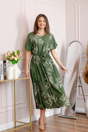 Rochie dama kaki Artemis cu imprimeu floral si cordon in talie [2]