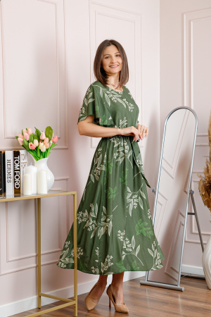 Rochie dama kaki Artemis cu imprimeu floral si cordon in talie [3]