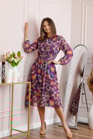 Rochii - Rochie dama mov Alessandra din voal cu imprimeu floral si cordon in talie