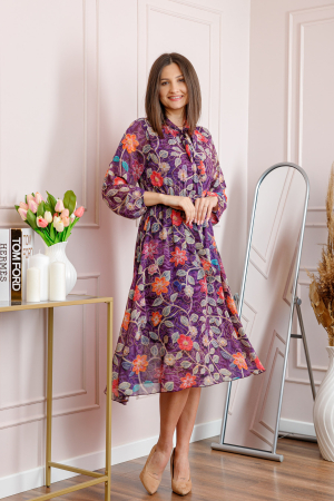 Rochie dama mov Alessandra din voal cu imprimeu floral si cordon in talie [3]