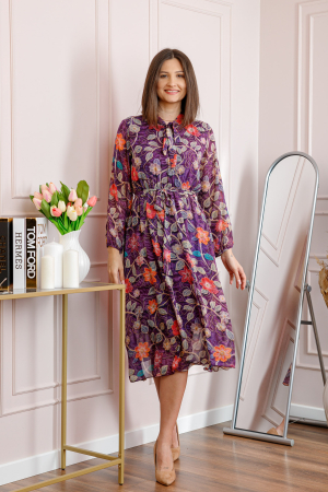 Rochie dama mov Alessandra din voal cu imprimeu floral si cordon in talie [2]