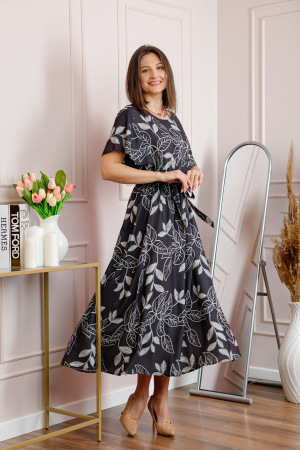 Rochie dama neagra Artemis cu imprimeu floral si cordon in talie [3]