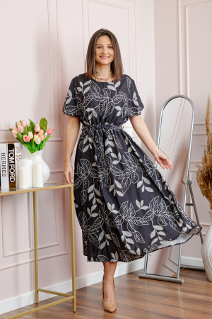 Rochie dama neagra Artemis cu imprimeu floral si cordon in talie [2]