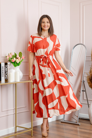 Rochie dama orange Artemis cu imprimeu abstract si cordon in talie [2]